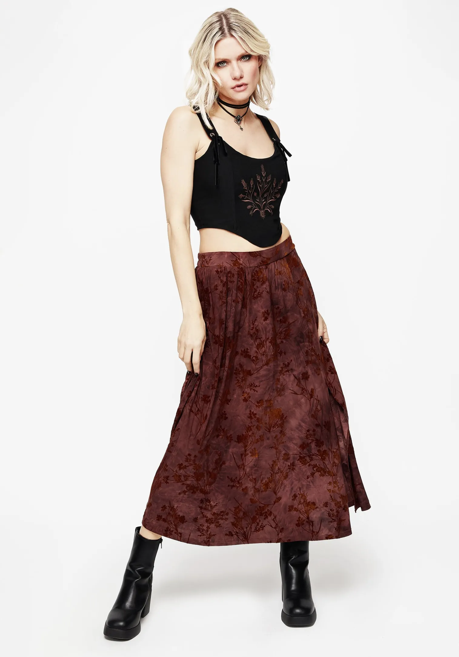 Wytchelm Floral Flocked Velour Midaxi Skirt - Red