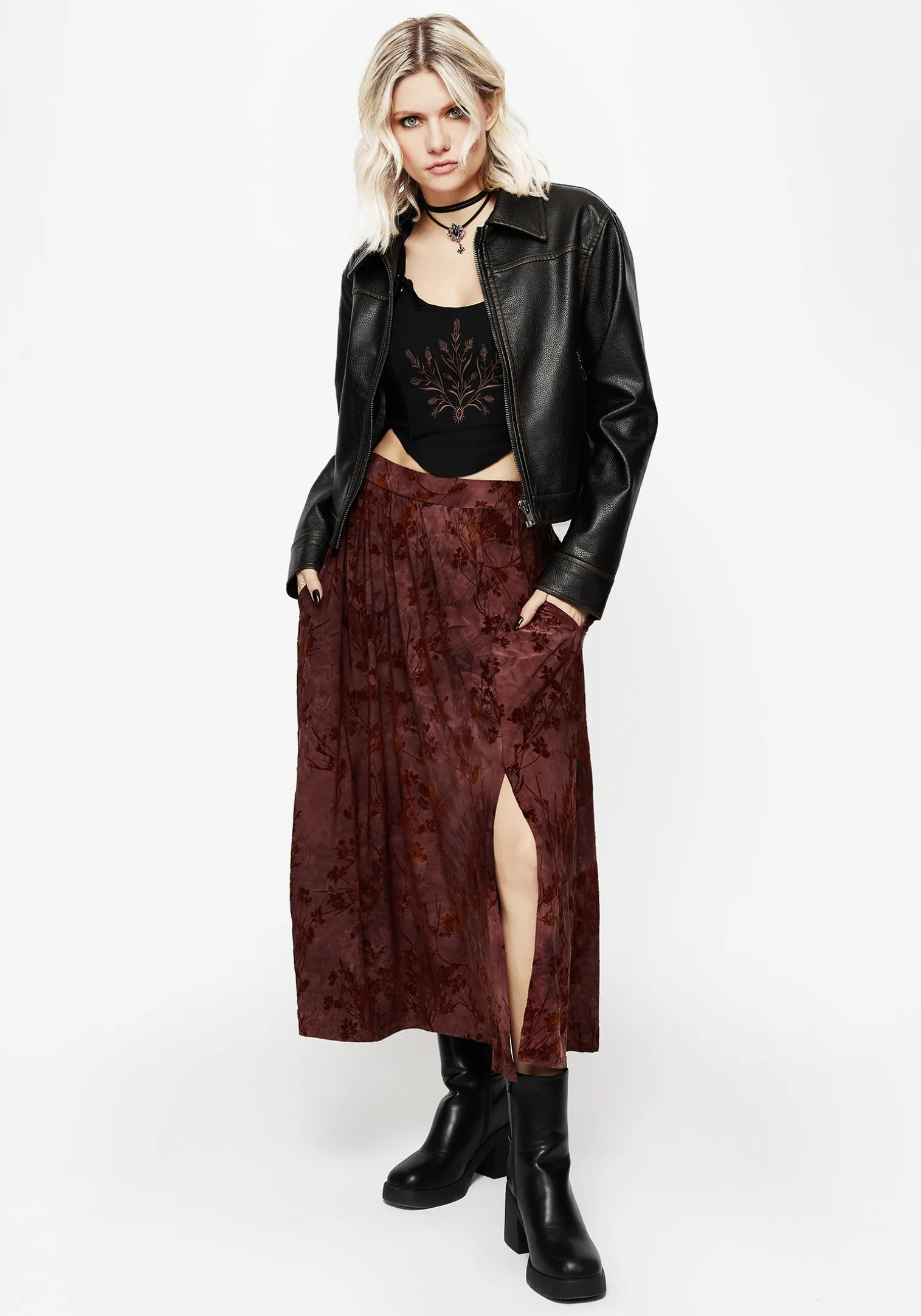 Wytchelm Floral Flocked Velour Midaxi Skirt - Red