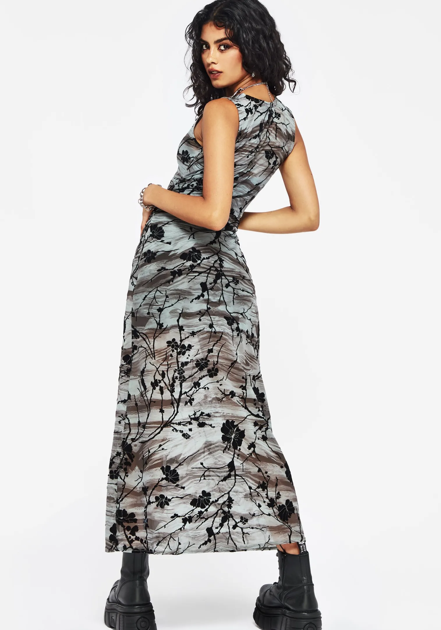 Wytchelm Sleeveless Flocked Midaxi Dress - Blue