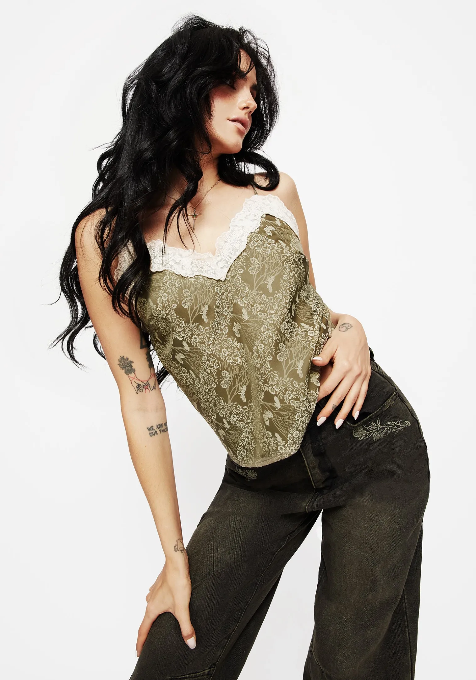 Yara Floral Print Lace Trim Cami Top