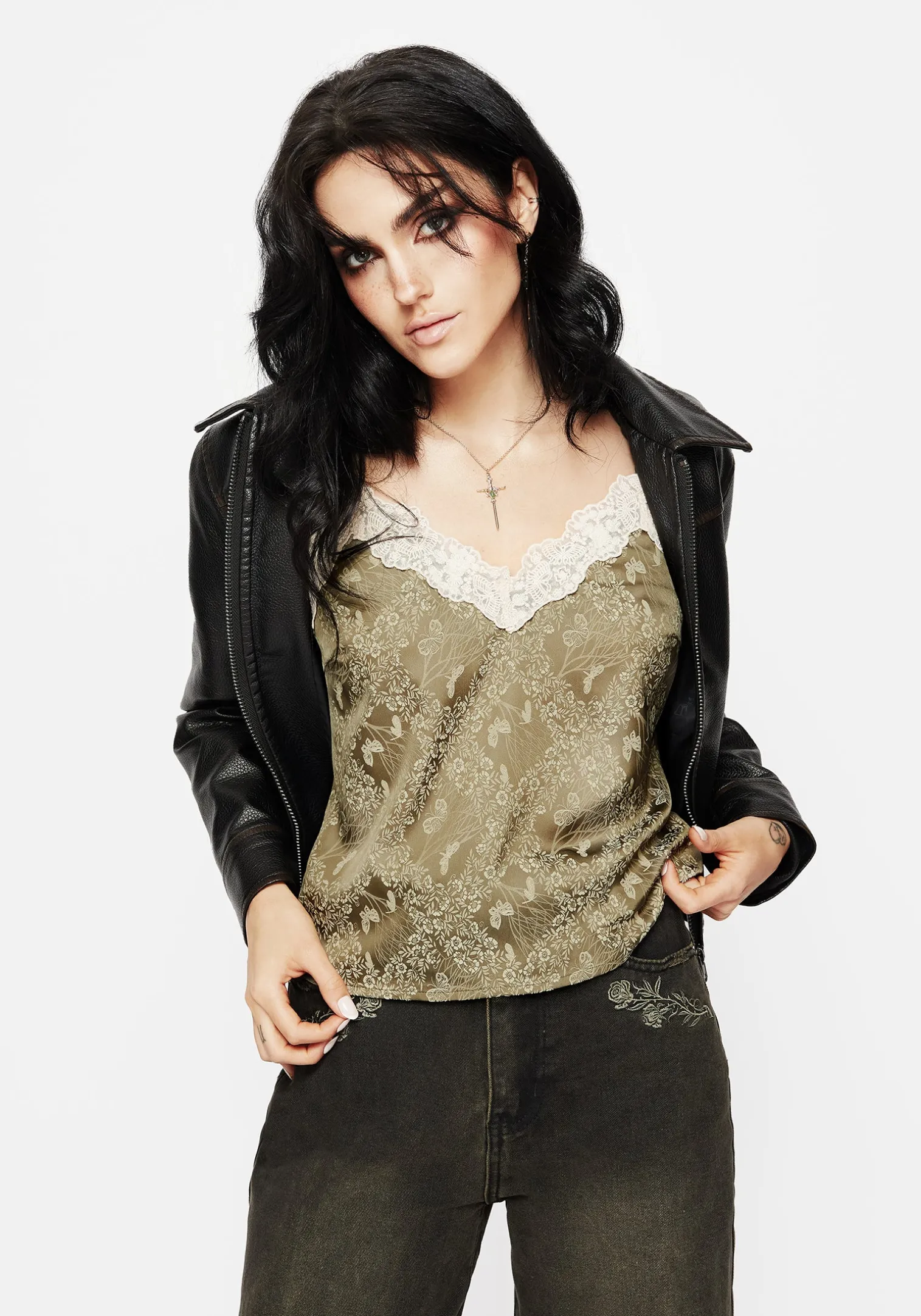 Yara Floral Print Lace Trim Cami Top