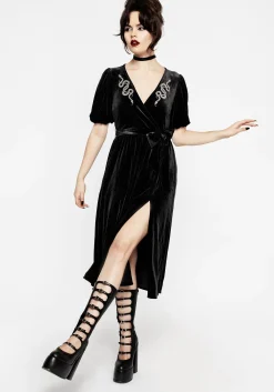 Zarina Embroidered Midi Wrap Dress - Black