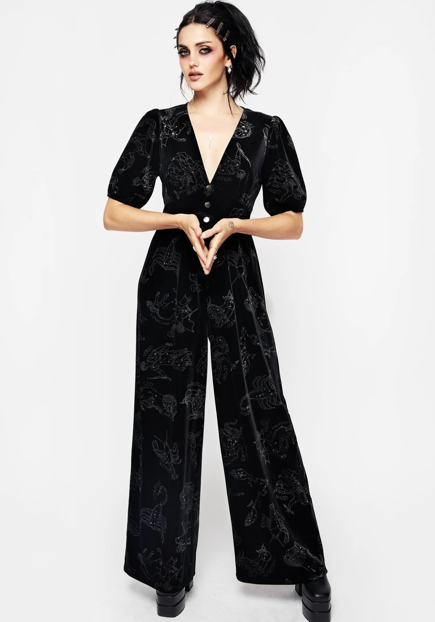 Zodiac Foil Print Button Front Velour Jumpsuit