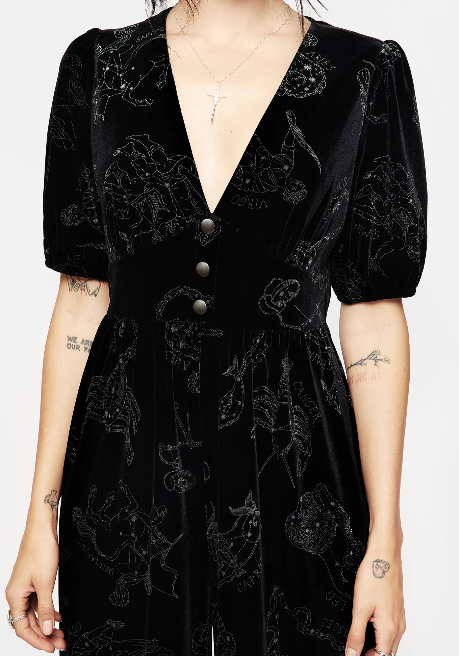 Zodiac Foil Print Button Front Velour Jumpsuit