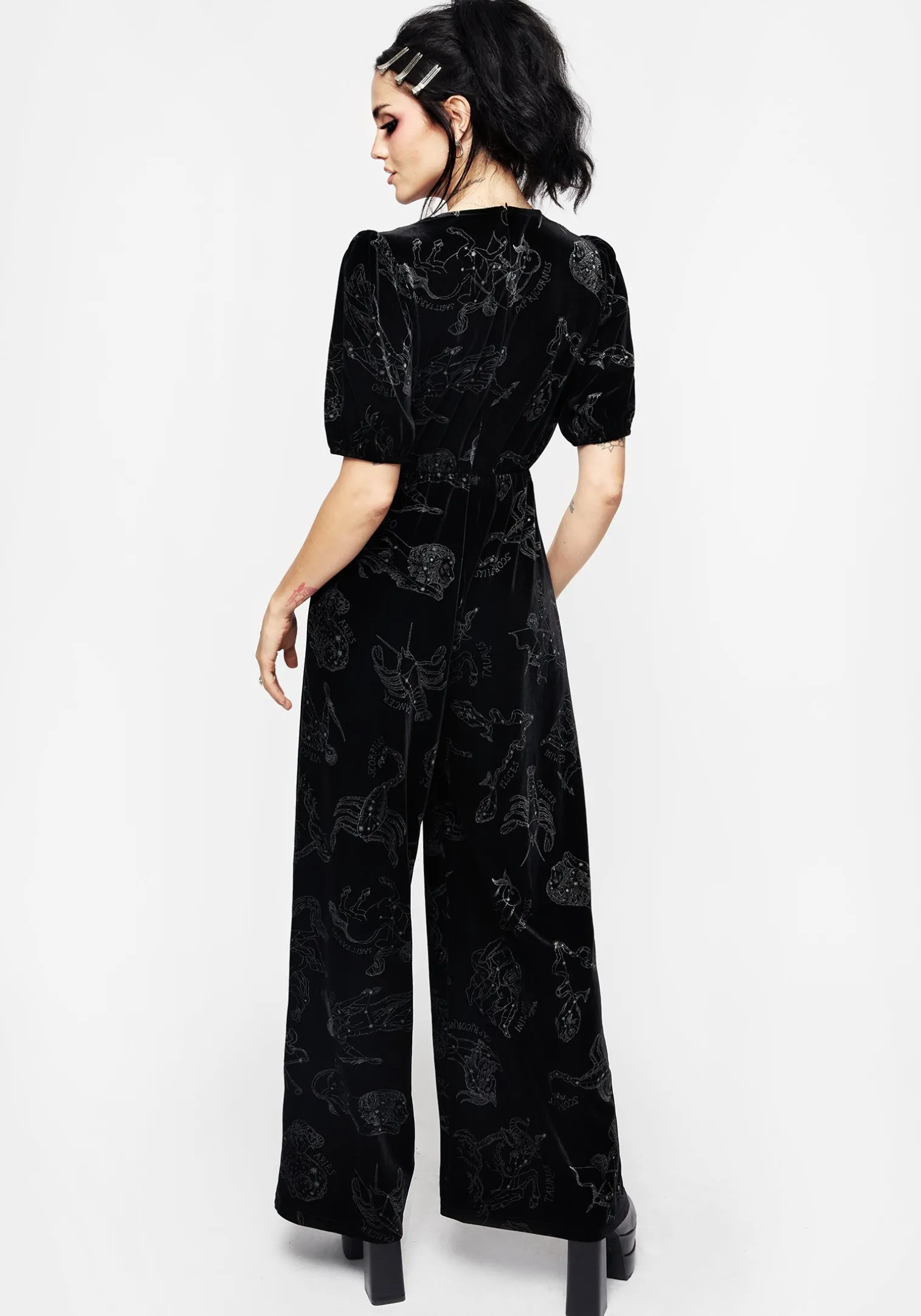 Zodiac Foil Print Button Front Velour Jumpsuit