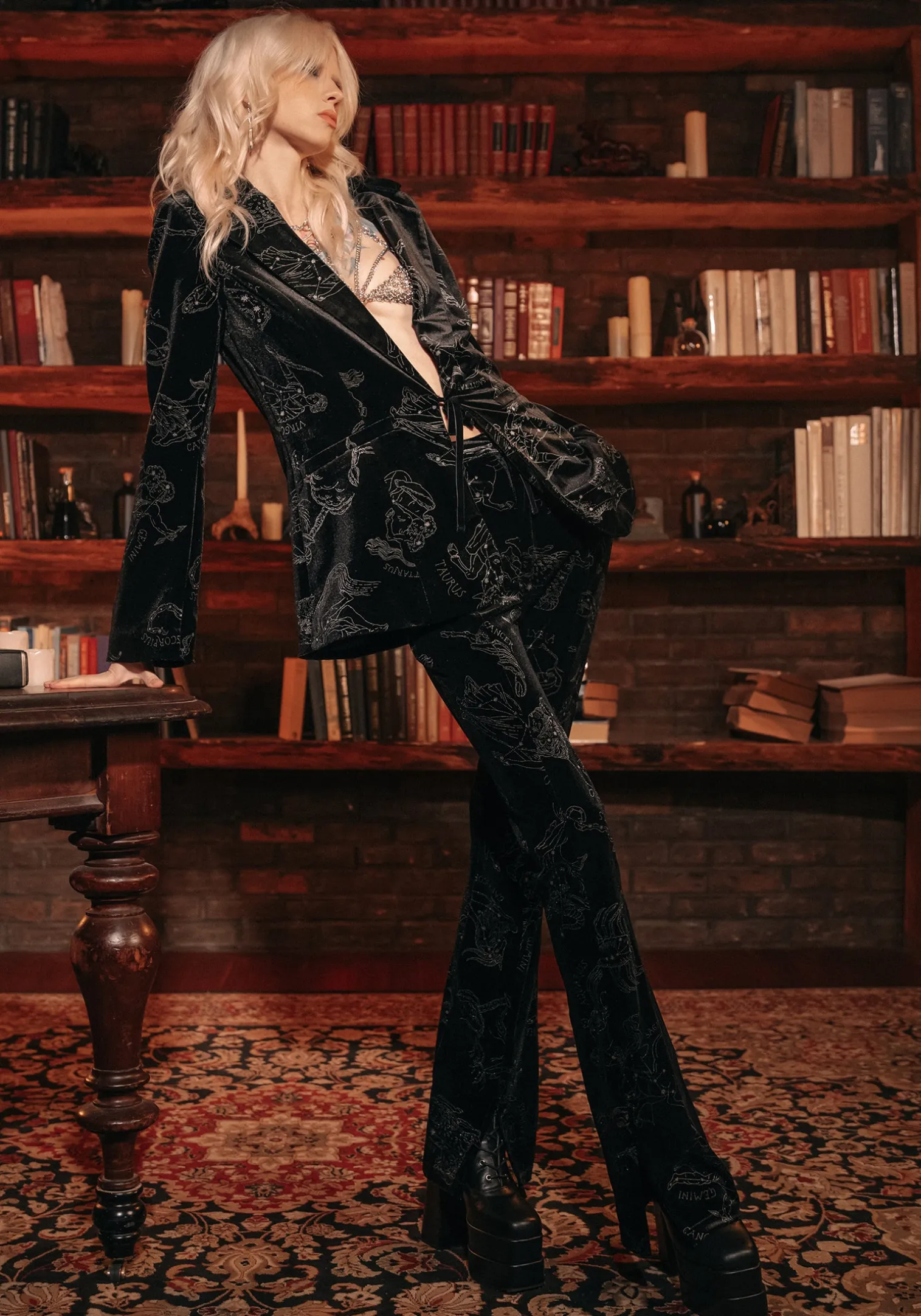Zodiac Foil Print Split Slim Flare Trousers