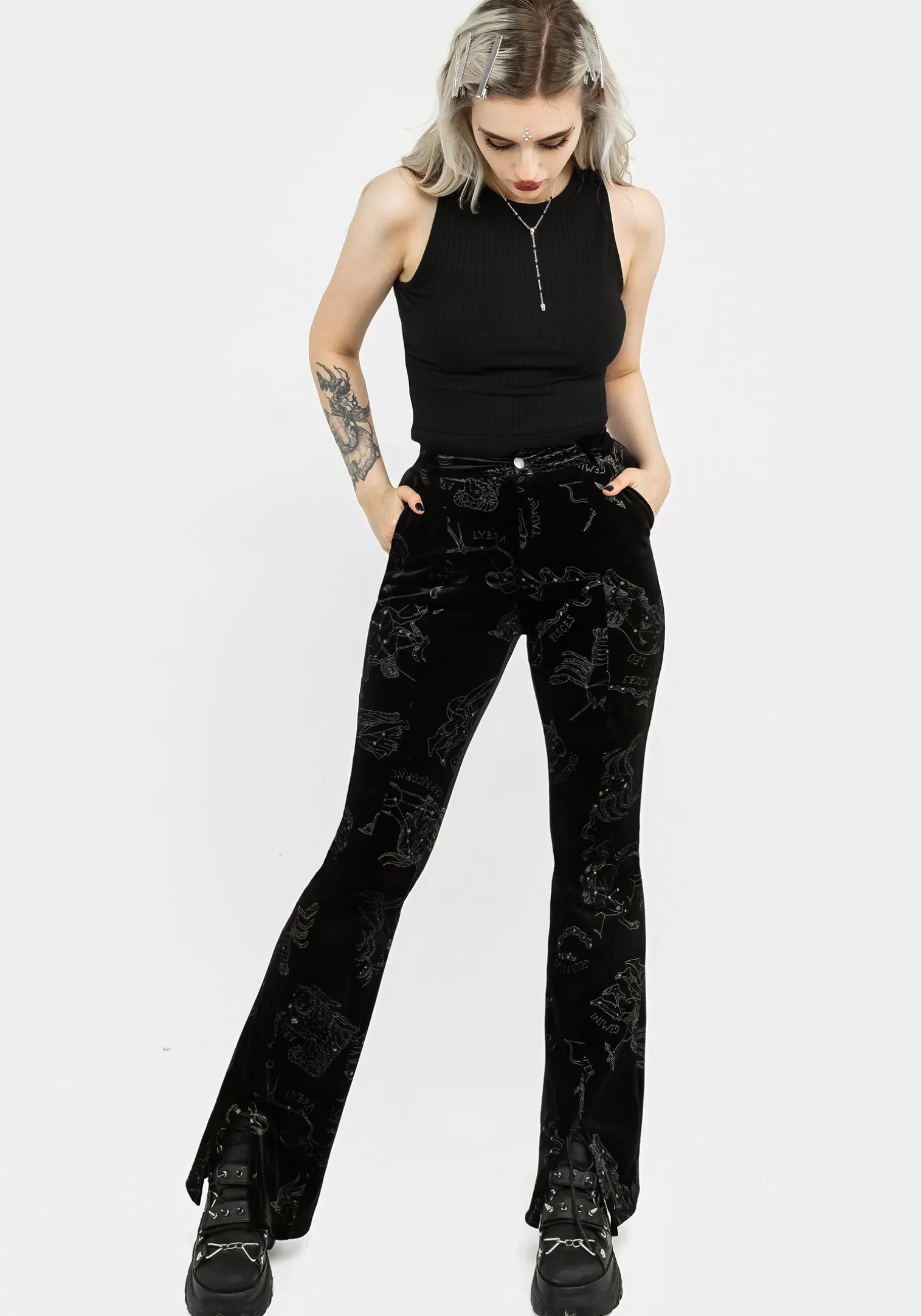 Zodiac Foil Print Split Slim Flare Trousers