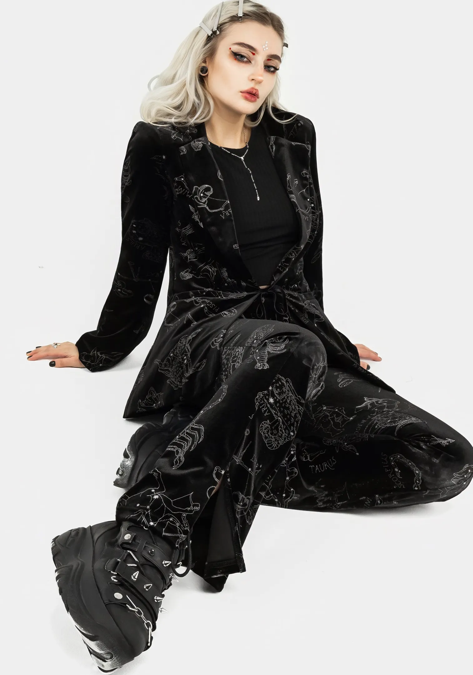 Zodiac Foil Print Split Slim Flare Trousers