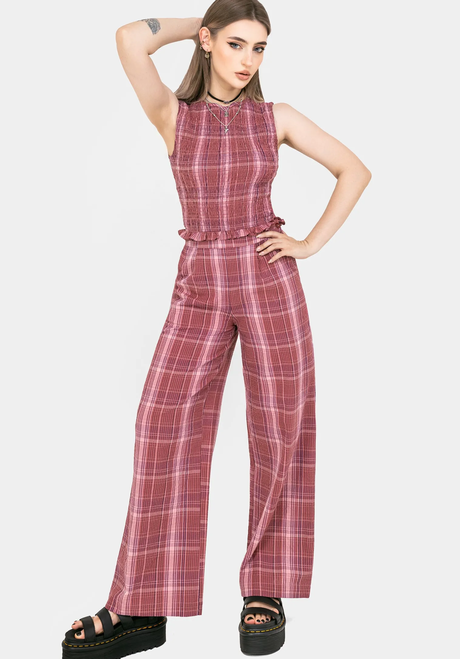 Zorina Cotton Check Wide Leg Trousers